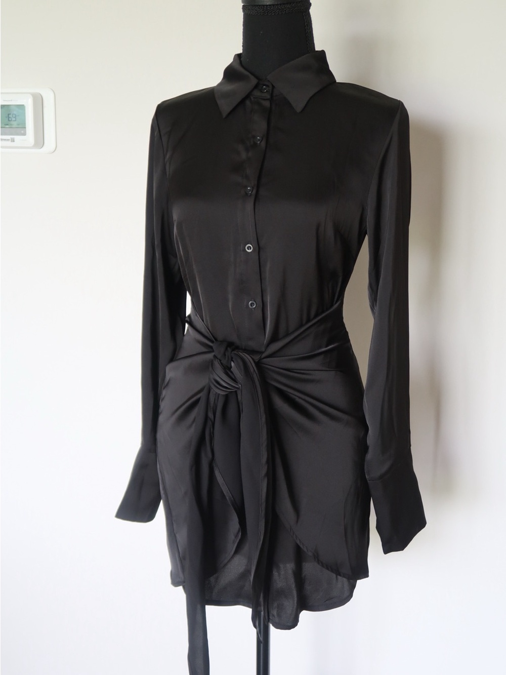 Black Satin Tie Waist Shirt Dress